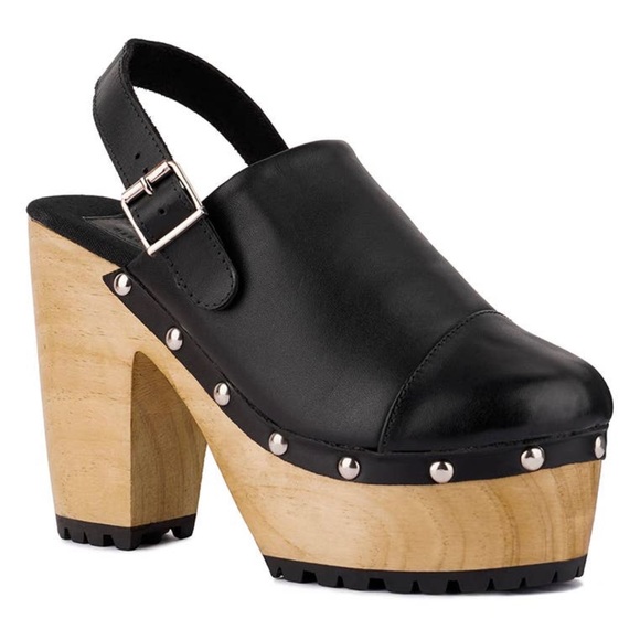 Black Slingback High Block Platform Heeled Organic Cotton Lined Clogs - Picture 1 of 6